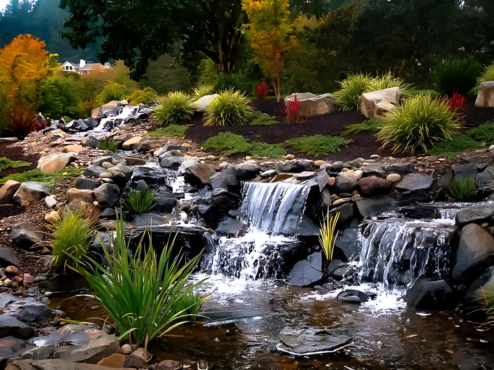 Stunning modern backyard landscape transformation by AR Landscape Inc with outdoor lighting and water features